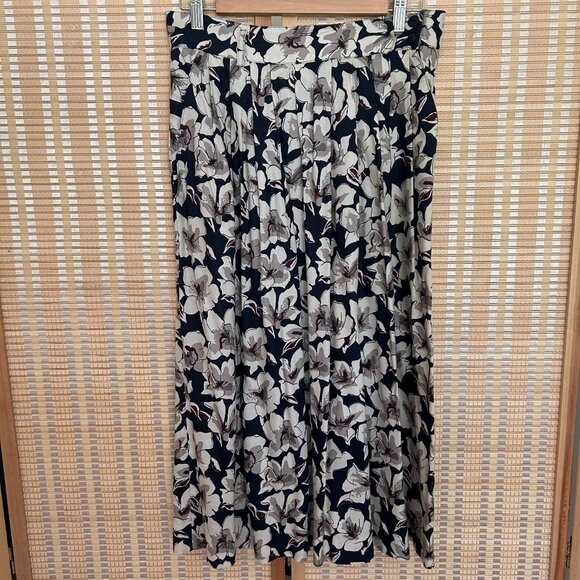 Vintage Floral Pleated Midi Skirt Navy Blue & Cream High-Waist A-Line - Picture 5 of 8